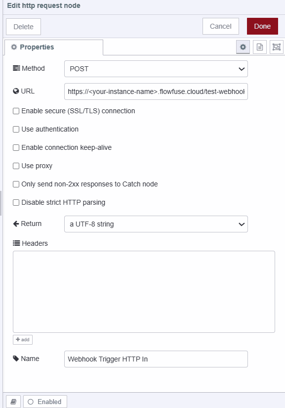 "Screenshot displaying HTTP request node configuration for triggering or sending a POST request to the webhook server in case of abnormal temperature."